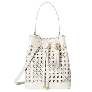 Ralph Lauren Woven Leather Debby Tassel Logo Drawstring Shoulder Bag Bucket Tote